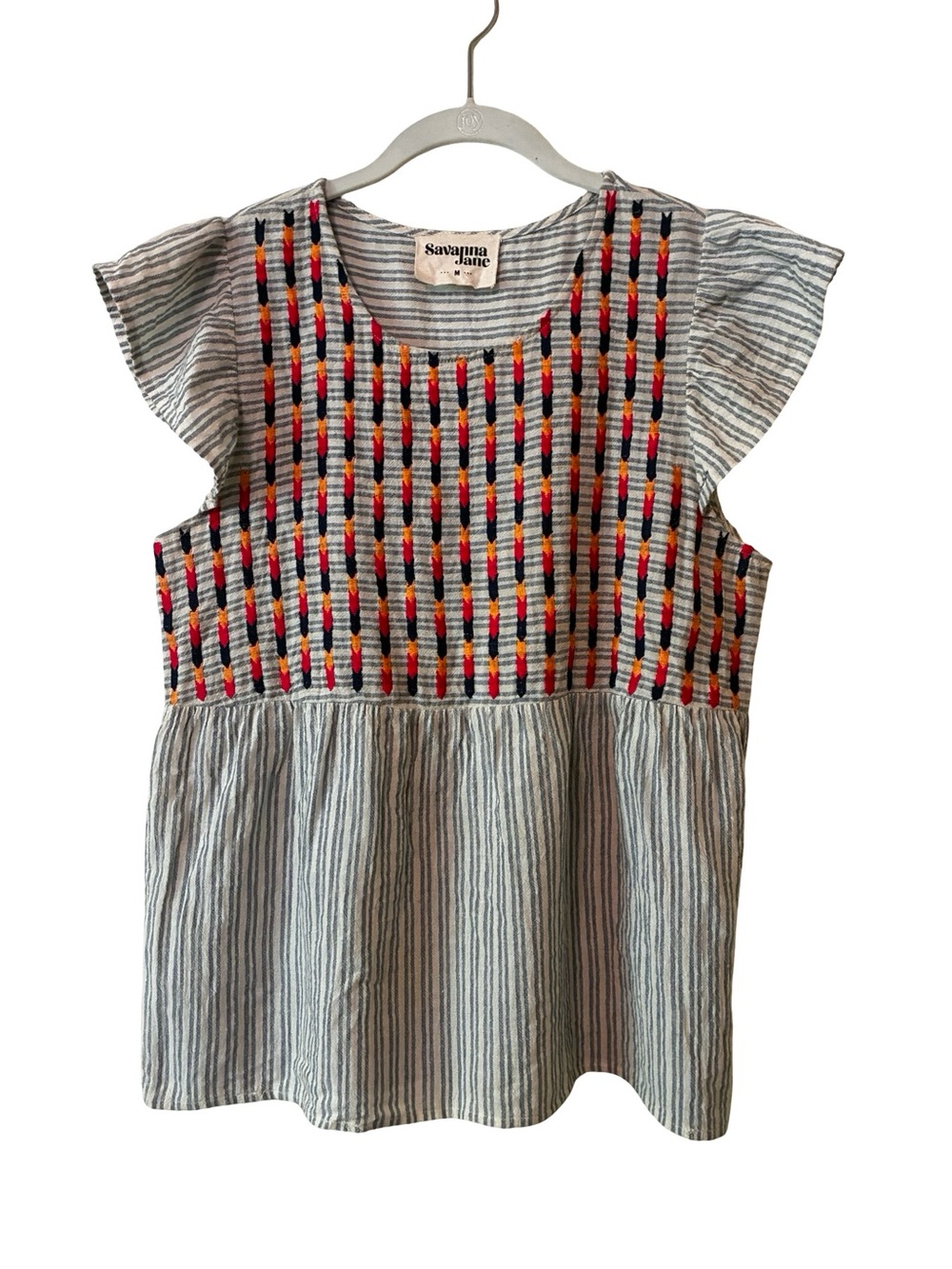 SAVANNA JANE Light Blue Striped Embroidered Flutter Sleeve Top, Size Medium.